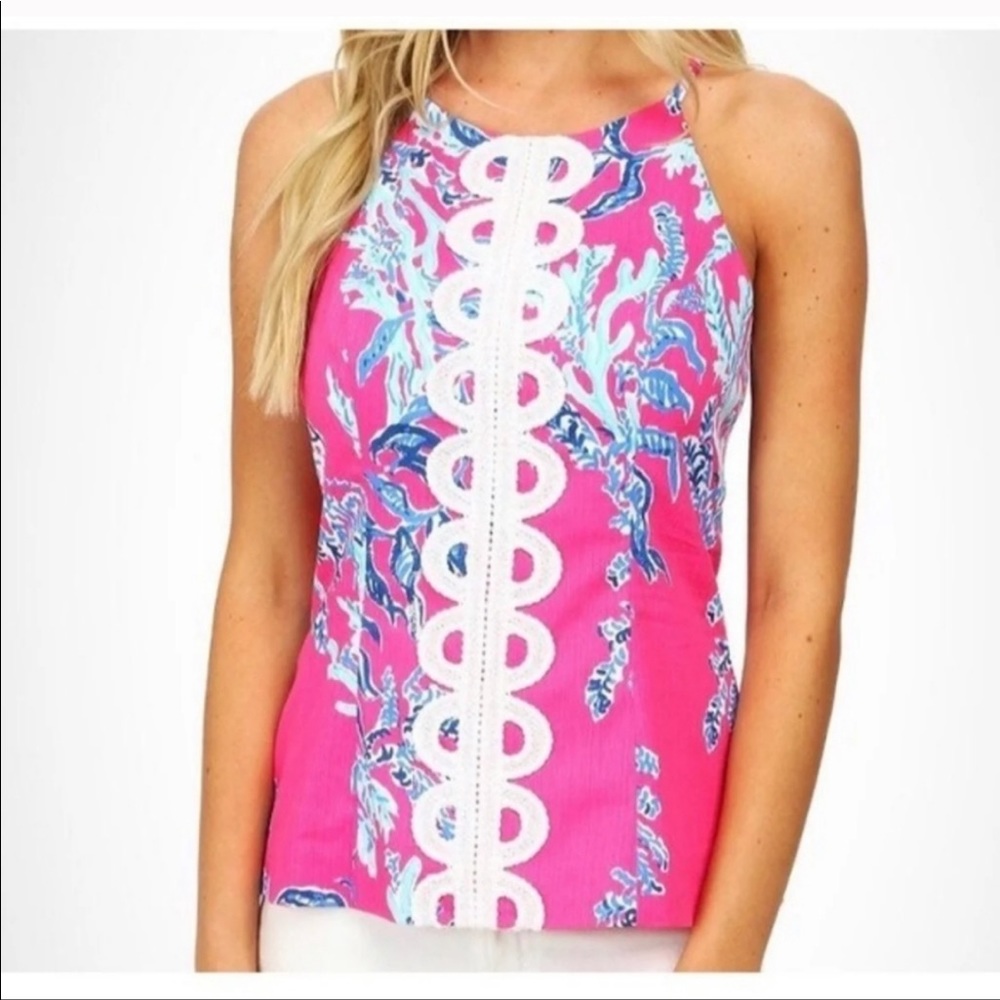 Lilly Pulitzer Pink Scallop Lace-Front Halter Tank